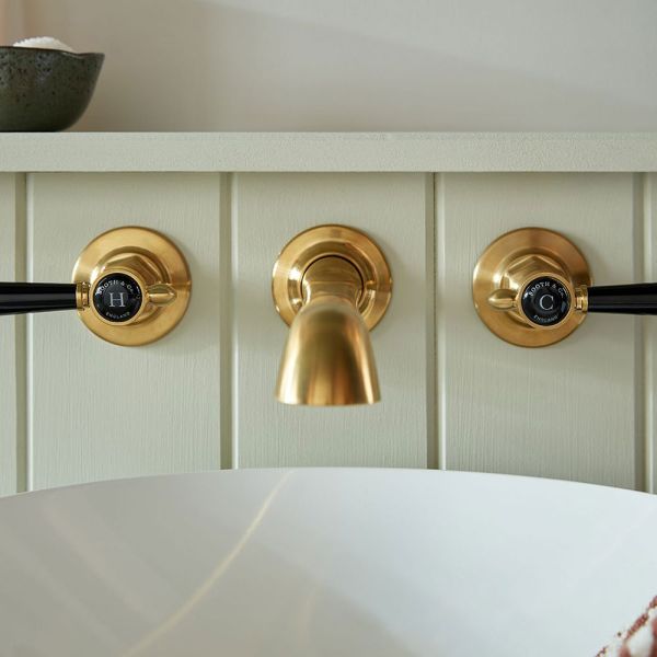 Vado Booth &amp; Co Axbridge Black Lever Brushed Brass Wall Mounted 3 Hole Basin Mixer Tap #3