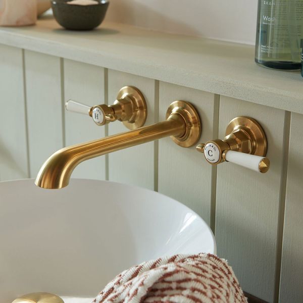 Vado Booth &amp; Co Axbridge Lever Brushed Brass Wall Mounted 3 Hole Basin Mixer Tap #2