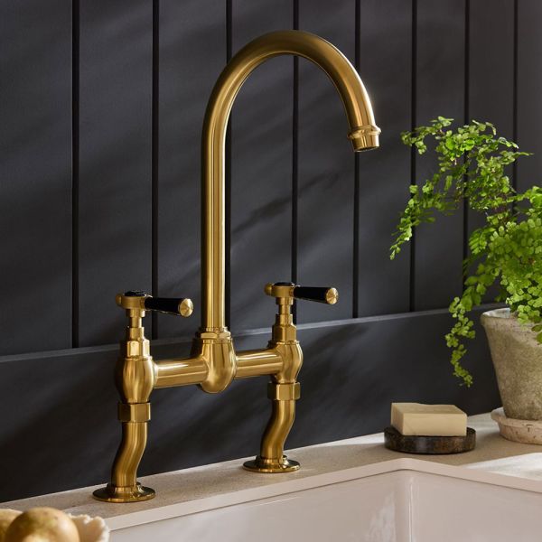 Vado Booth &amp; Co Axbridge Black Lever Brushed Brass Bridge Kitchen Mixer Tap #3