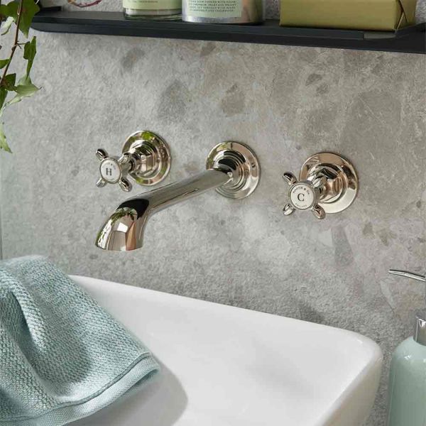 Vado Booth &amp; Co Axbridge Cross Nickel Wall Mounted 3 Hole Basin Mixer Tap #2