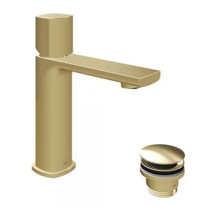 Vado Cameo Leverless Satin Brass Mono Basin Mixer Tap with Click Clack Waste