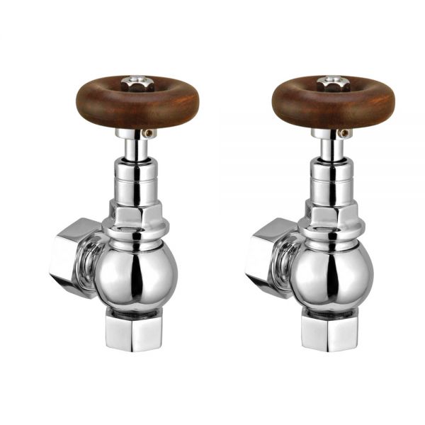 JTP Chrome Angled Manual Radiator Valves with Wooden Handle
