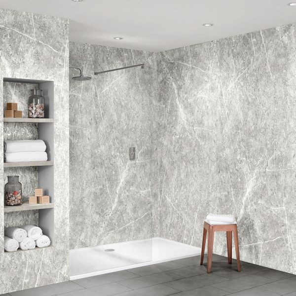 Nuance Large Corner White Lightning Fossil Waterproof Wall Panel Pack 2400 x 1200 #3