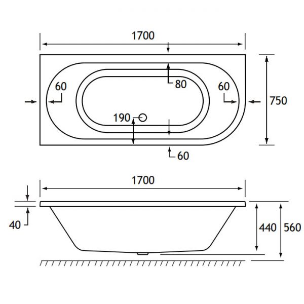 Eastbrook Beauforte Reinforced Biscay 1700 x 750 Left Hand Double Ended Bath #2