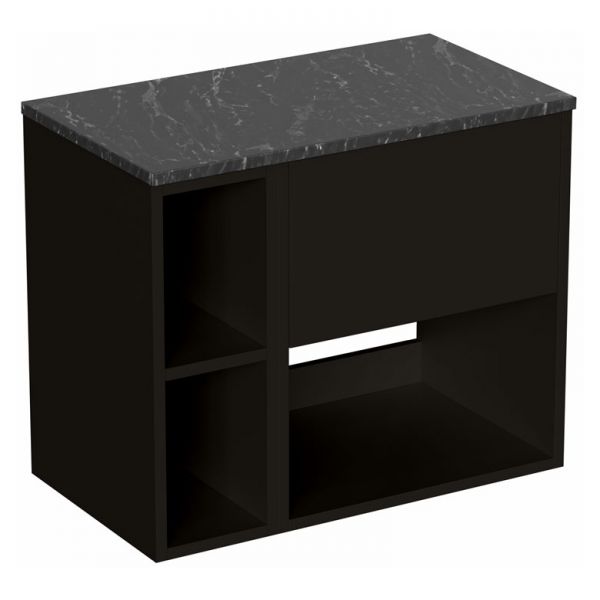 Britton Hackney 700mm Black Wall Hung Vanity Unit & One Shelf Unit with Marquina Worktop