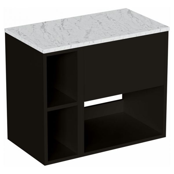 Britton Hackney 700mm Black Wall Hung Vanity Unit & One Shelf Unit with Carrara Worktop