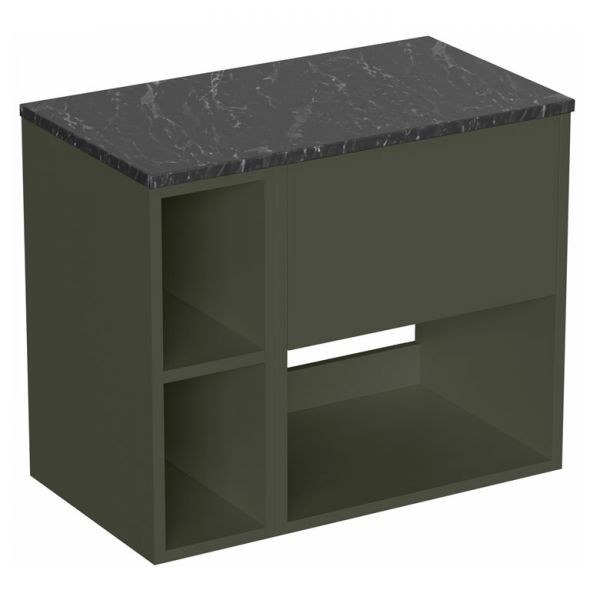 Britton Hackney 700mm Green Wall Hung Vanity Unit & One Shelf Unit with Marquina Worktop