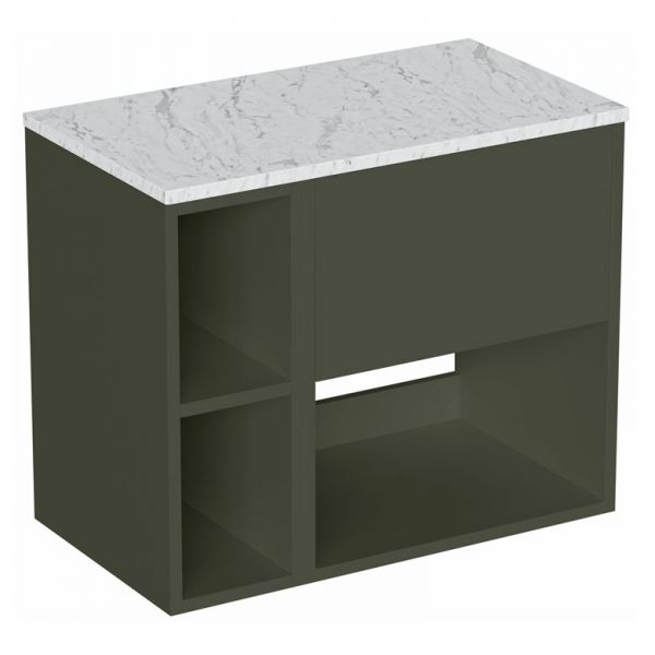 Britton Hackney 700mm Green Wall Hung Vanity Unit & One Shelf Unit with Carrara Worktop