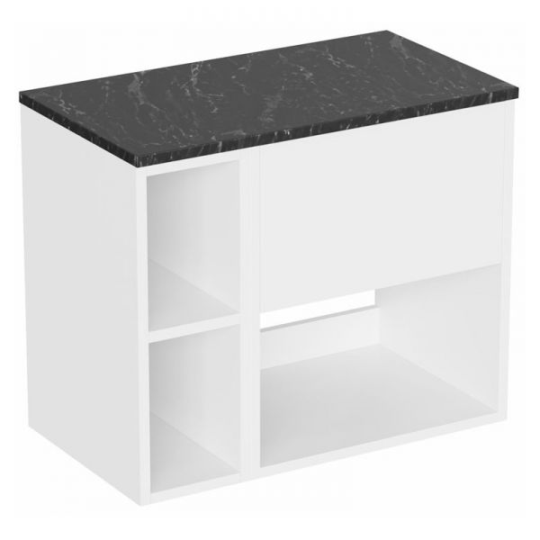 Britton Hackney 700mm White Wall Hung Vanity Unit & One Shelf Unit with Marquina Worktop