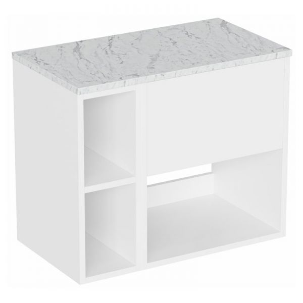 Britton Hackney 700mm White Wall Hung Vanity Unit & One Shelf Unit with Carrara Worktop