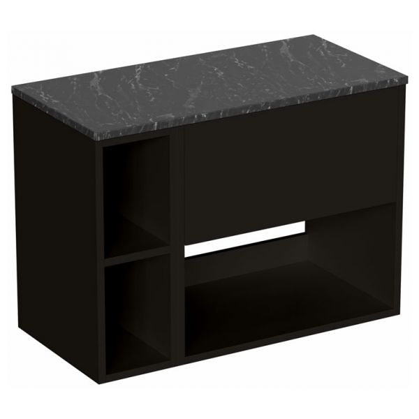 Britton Hackney 800mm Black Wall Hung Vanity Unit & One Shelf Unit with Marquina Worktop
