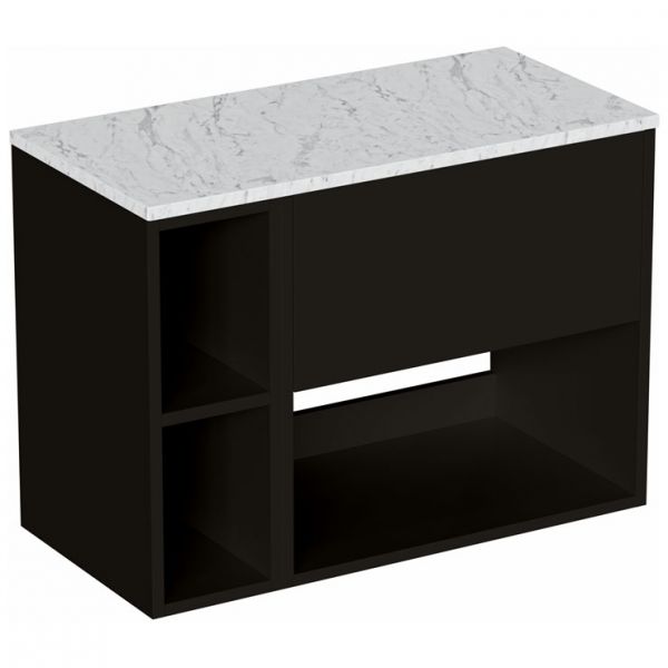 Britton Hackney 800mm Black Wall Hung Vanity Unit & One Shelf Unit with Carrara Worktop