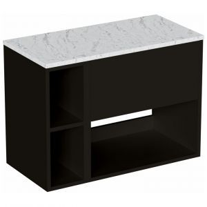 Britton Hackney 800mm Black Wall Hung Vanity Unit & One Shelf Unit with Carrara Worktop