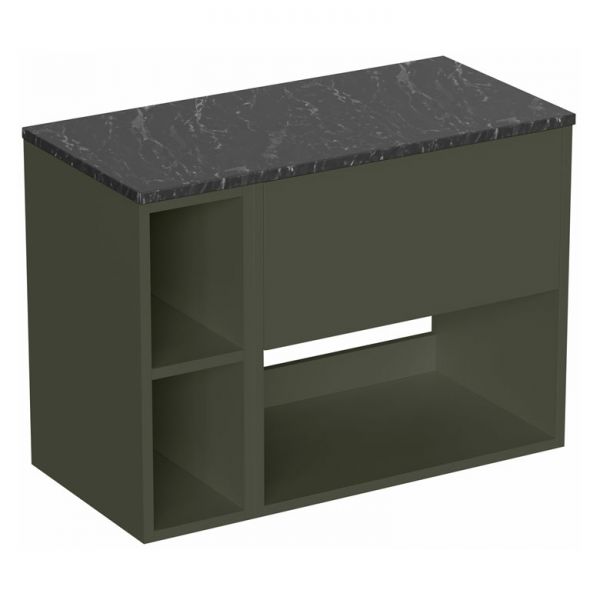 Britton Hackney 800mm Green Wall Hung Vanity Unit & One Shelf Unit with Marquina Worktop