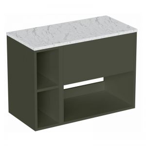 Britton Hackney 800mm Green Wall Hung Vanity Unit & One Shelf Unit with Carrara Worktop