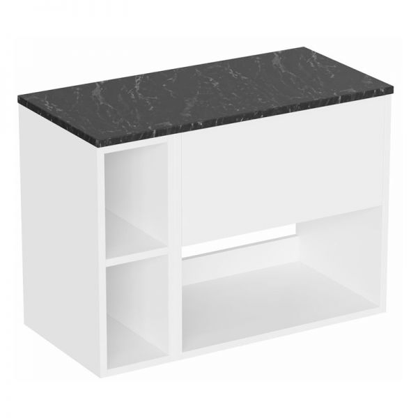 Britton Hackney 800mm White Wall Hung Vanity Unit & One Shelf Unit with Marquina Worktop
