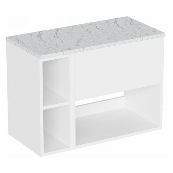 Britton Hackney 800mm White Wall Hung Vanity Unit & One Shelf Unit with Carrara Worktop