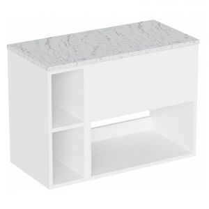 Britton Hackney 800mm White Wall Hung Vanity Unit & One Shelf Unit with Carrara Worktop