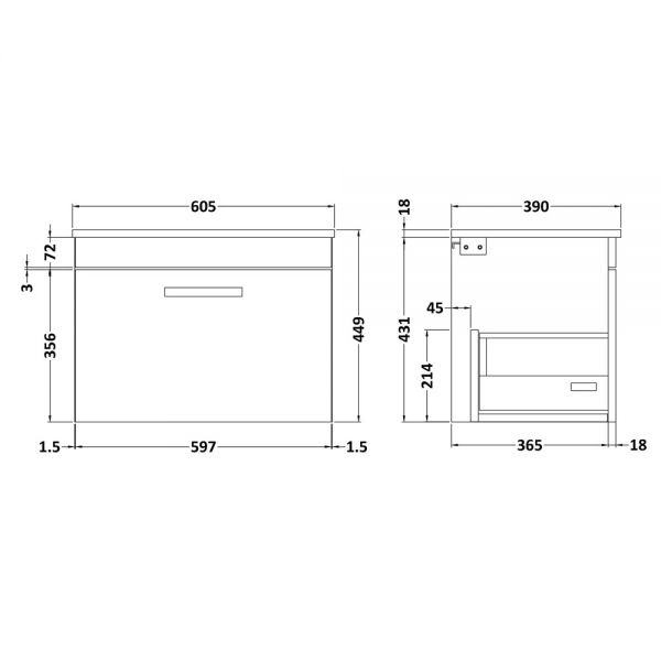Nuie Athena Gloss Grey Wall Hung 600mm Cabinet And Worktop ATH077W #2