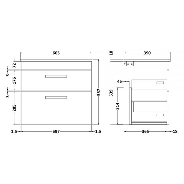 Nuie Athena Gloss Grey Wall Hung 600mm Cabinet And Worktop ATH078W #2