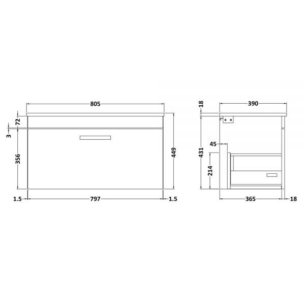 Nuie Athena Gloss Grey Wall Hung 800mm Cabinet And Worktop ATH080W #2