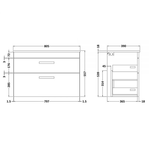 Nuie Athena Gloss Grey Wall Hung 800mm Cabinet And Worktop ATH081W #2