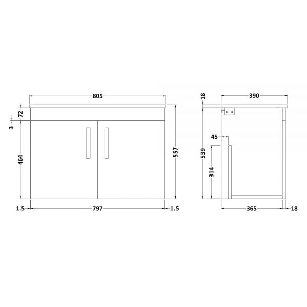 Nuie Athena Gloss Grey Wall Hung 800mm Cabinet And Worktop ATH101W #2