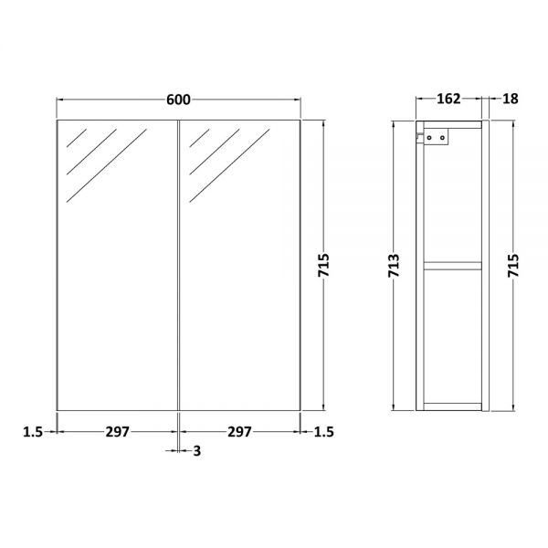 Nuie Athena Gloss Grey 600mm Mirror Unit (50&#47;50) MOC323 #2