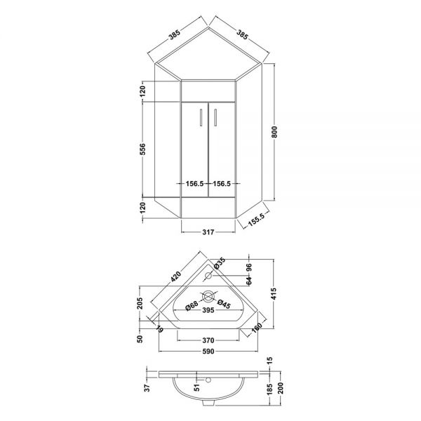Nuie Mayford 2 Door Corner Cabinet and Basin NVC180A #2