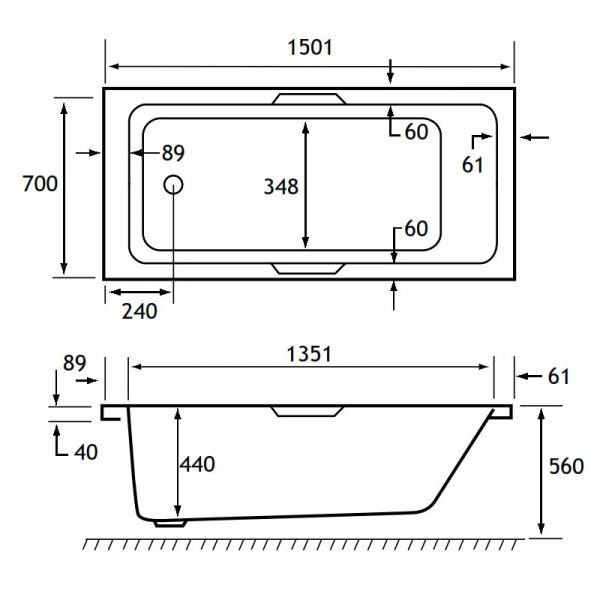 Eastbrook Portland 1500 x 700 Single Ended Bath with Twin Grips #2