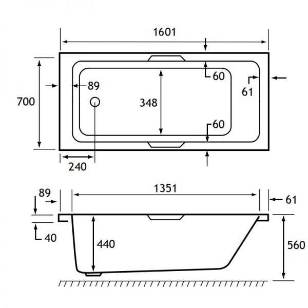 Eastbrook Beauforte Reinforced Portland 1600 x 700 Single Ended Bath with Twin Grips #2