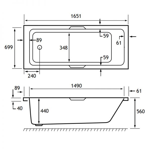 Eastbrook Beauforte Reinforced Portland 1650 x 700 Single Ended Bath with Twin Grips #2