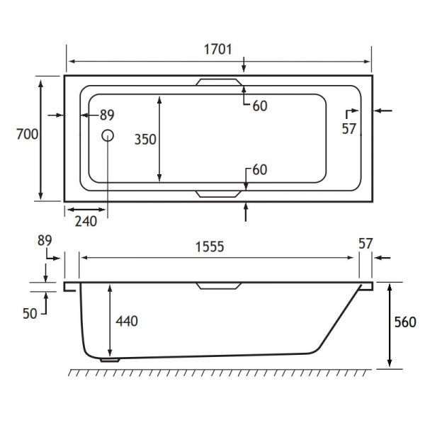 Eastbrook Beauforte Reinforced Portland 1700 x 700 Single Ended Bath with Twin Grips #2
