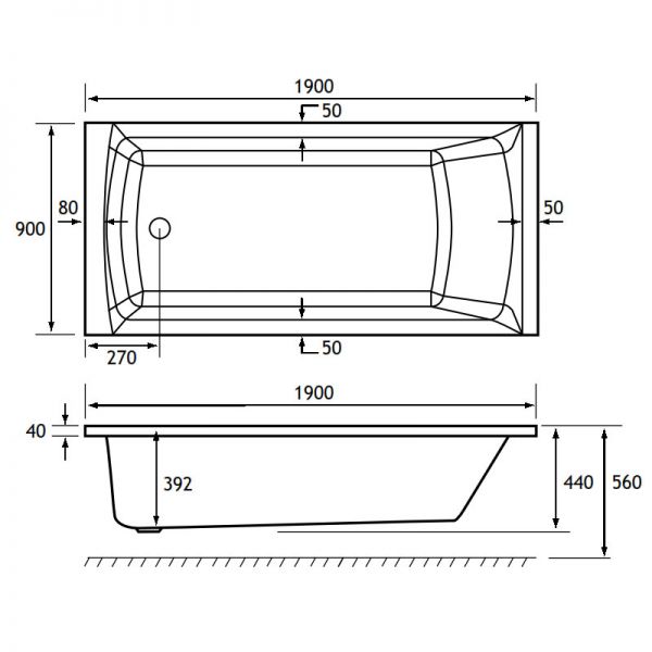 Eastbrook Beauforte Reinforced Rockall 1900 x 900 Single Ended Bath #2
