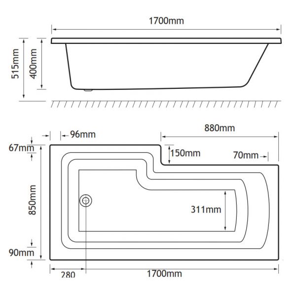 Eastbrook Shannon L Shaped 1700 x 850 Right Hand Shower Bath #2