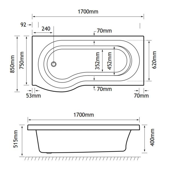 Eastbrook Beauforte Reinforced Shannon P Shaped 1500 x 850 Left Hand Shower Bath #2