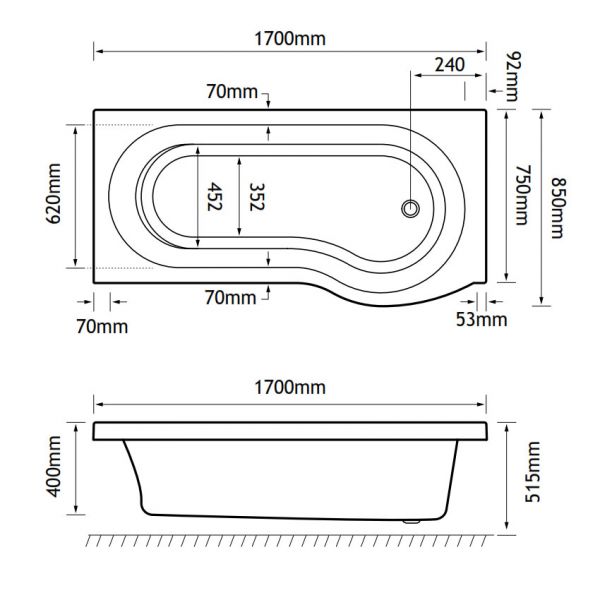 Eastbrook Shannon P Shaped 1500 x 850 Right Hand Shower Bath #2