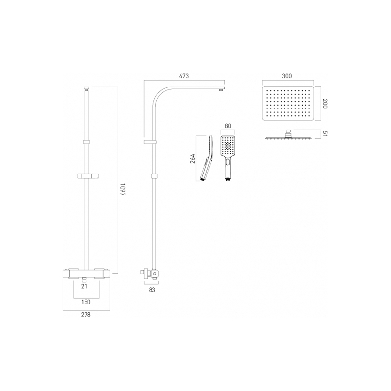 Vado Phase Shower Column with Thermostatic Valve PHA149RRKCP