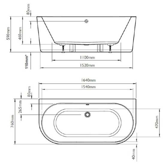 BC Designs Ancora 1640 x 760 Back to Wall Double Ended Bath BAS055 #2