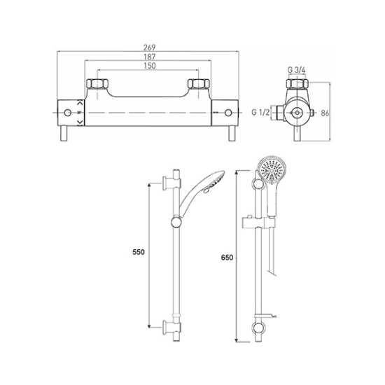 Bristan Prism Bar Shower, Peg handles, fast fit connections, multi mode shower kit. PM SHXMMCTFF C #2