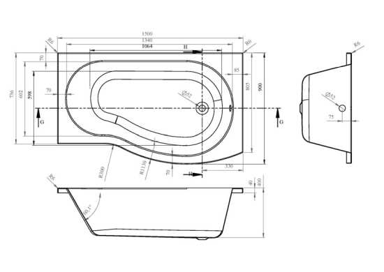 Nuie B Shaped Right Hand Bath Set 1500mm SBATH21 #2