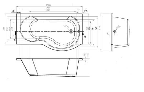 Nuie P Shaped Right Hand Bath Set 1500mm SBATH25 #2
