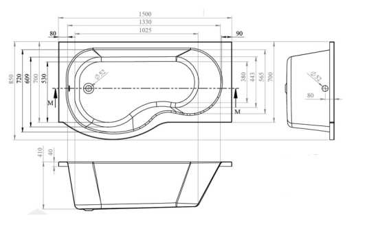 Nuie P Shape Left Hand Shower Bath 1500mm WBP1585L #2