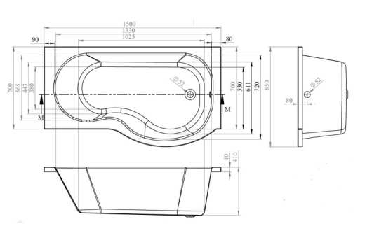 Nuie P Shape Right Hand Shower Bath 1500mm WBP1585R #2
