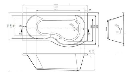 Nuie P Shape Left Hand Shower Bath 1600mm WBP1685L #2