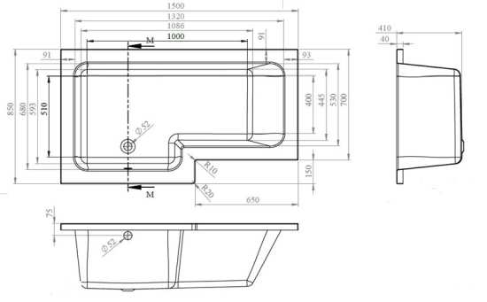 Nuie Square Left Hand Shower Bath 1500mm WBS1585L #2