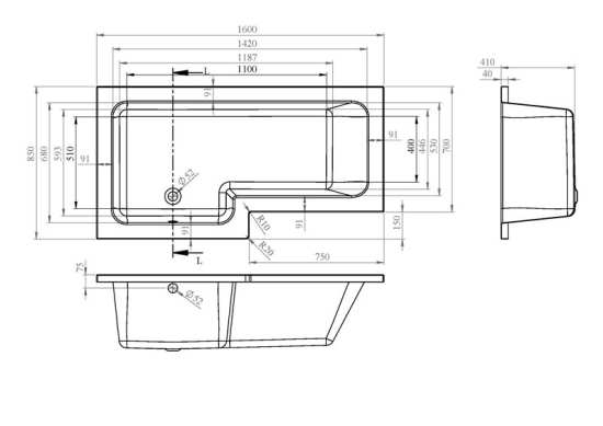 Nuie Square Left Hand Shower Bath 1600mm WBS1685L #2