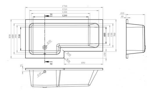 Nuie Square Left Hand Shower Bath 1700mm WBS1785L #2