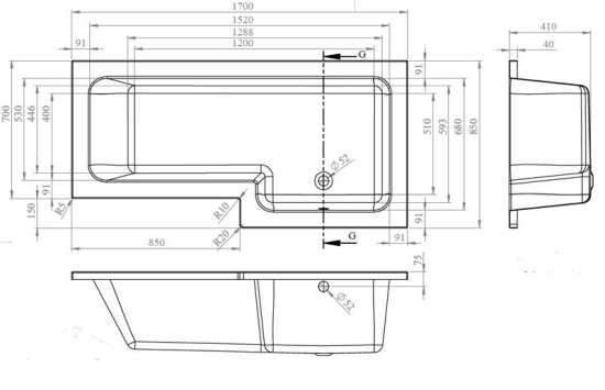 Nuie Square Right Hand Shower Bath 1700mm WBS1785R #2