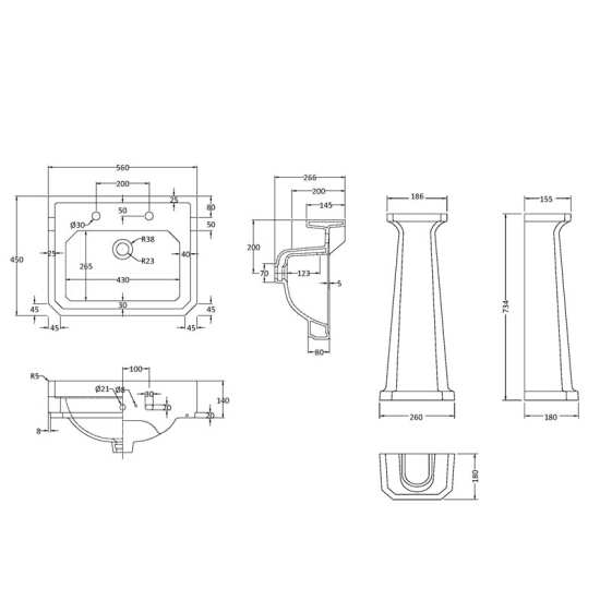 Hudson Reed Richmond 560mm Basin and Comfort Height Pedestal (2 Tap Hole) CCR029 #2